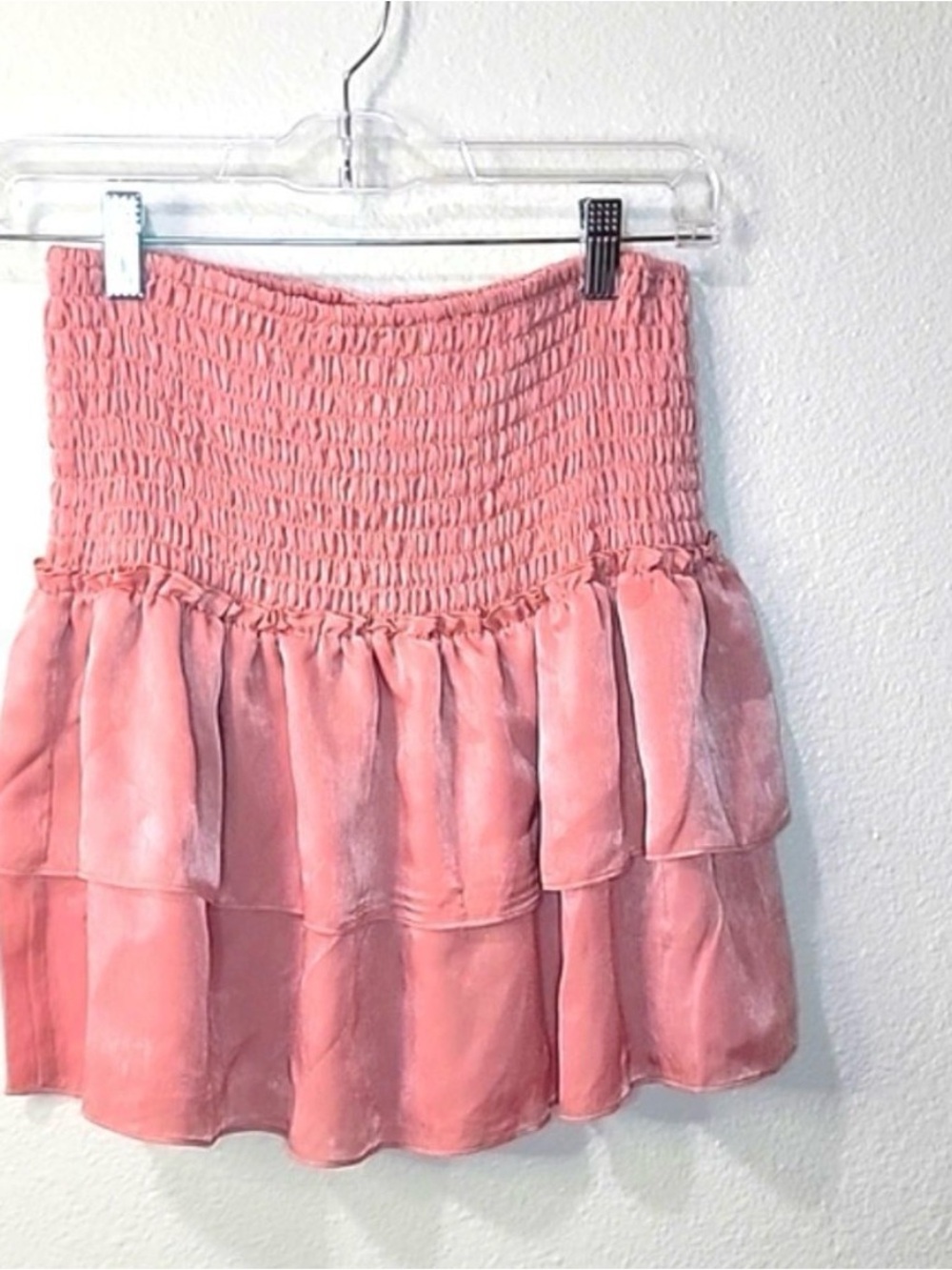 Waist-Smocked Tiered Pink Mini Skirt